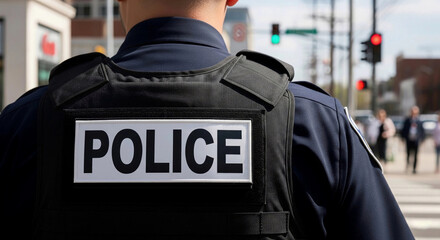 A close-up of a police officer's back, showing a high-visibility vest and a "POLICE" badge. This image represents law enforcement, security, and public service.