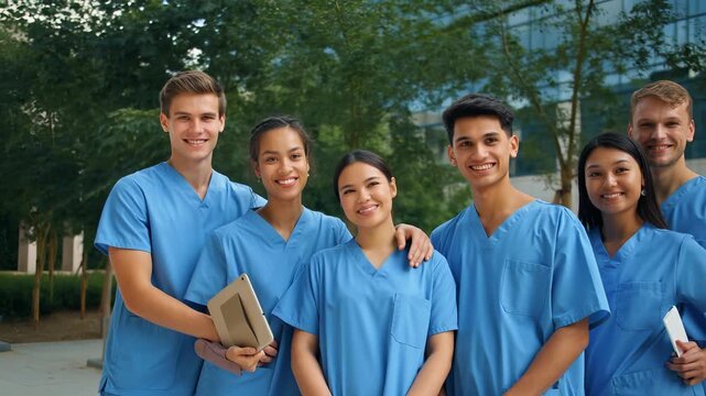 Group of cheerful multi ethnic medical students in blue scrubs posing together outside the hospital, ready to embark on their healthcare careers