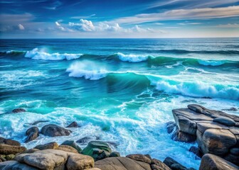 Obraz premium Deep turquoise ocean waves gently roll over smooth gray rocks