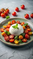 Plate of Italian burrata cheese with tomatoes on a light table