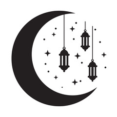 black and white silhouette vector of lantern, moon and stars on white background