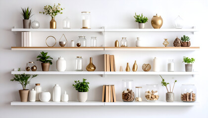 White shelves displaying various decorative items, plants, and books in a modern interior design.