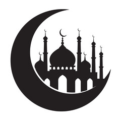 black and white silhouette vector of lantern, moon and stars on white background