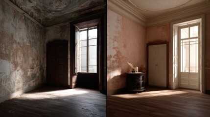 Fototapeta premium Interior restoration comparison. Two rooms, before and after