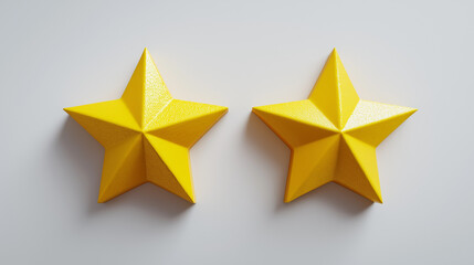 Obraz premium A 3D white panel featuring ftwo bright yellow stars, symbolizing a positive rating, quality feedback, and high user satisfaction.