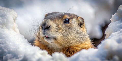 Fototapeta premium A close-up of a groundhog's face peeking out of its burrow on a snowy day with foggy atmosphere