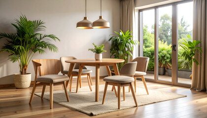 Modern dining set in bright, plant-filled room with patio doors.