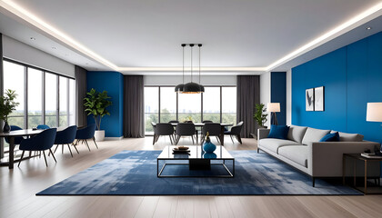 Modern apartment common area with blue accents, comfortable seating, and city views.