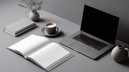 Gray workspace with laptop, books, and coffee