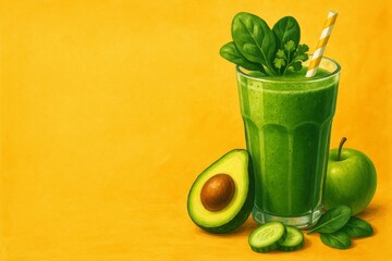 Vibrant green smoothie served in glass with spinach leaves and avocado half on bright yellow background, healthy detox drink and vegan diet concept