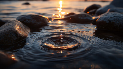 A single water droplet impacts calm water near smooth rocks, creating soft ripples that spread gently across the tranquil reflective surface.