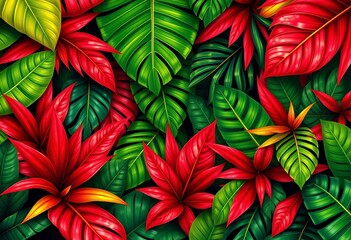 Fototapeta premium Vibrant red & green tropical leaves, lush jungle pattern, garden, image