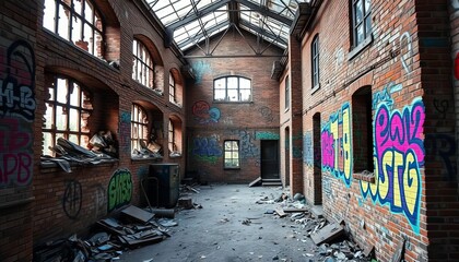 Crumbling brick walls, shattered windows, vibrant graffiti adorn decaying factory , rusty, graffiti