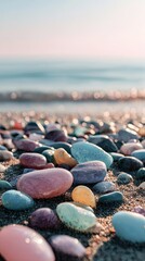 Colorful stones on sandy beach at sunrise
