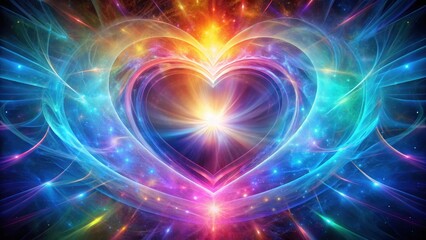 A colorful aura surrounds a glowing heart surrounded by swirling patterns of light and energy