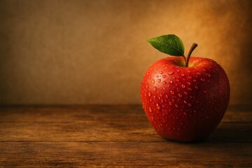 Fresh red apple with green leaf on wooden table against rustic brown background