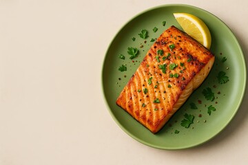 Grilled salmon fillet on a green plate with lemon wedge and parsley garnish, overhead view of healthy cooked fish meal on neutral background