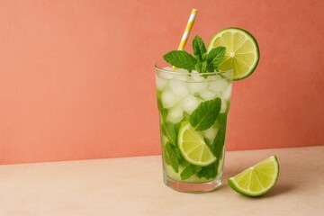 Refreshing mojito cocktail with lime slices, mint leaves and straw in clear glass on pastel pink surface with green background, summer drink concept