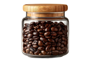 Jar of rich dark roasted coffee beans with wooden lid captured in detailed close-up view isolated on transparent background