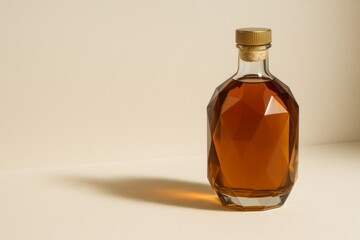 Golden maple syrup in small glass bottle with cork stopper isolated on neutral beige background
