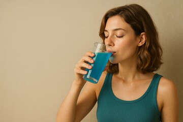 Active young woman in teal top sipping a blue energy drink through a straw against a neutral beige background