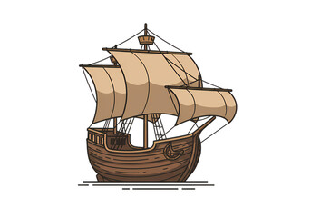 Caravel Ship Illustration Vintage Sailing Vessel Design Brown Wooden Hull Beige Sails Nautical Exploration Theme on transparent background
