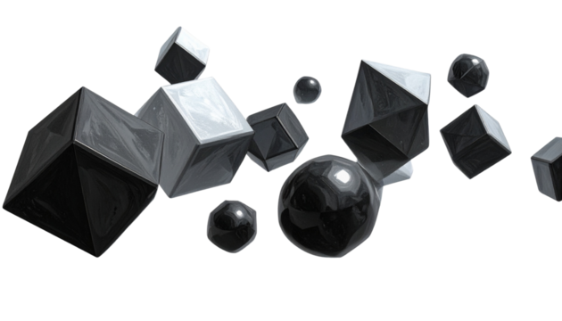 3d rendering. Abstract geometric shapes illustration. Modern minimal black glossy objects isolated on transparent background