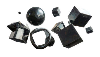 3d rendering. Abstract geometric shapes illustration. Modern minimal black glossy objects isolated on transparent background