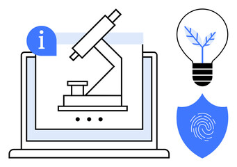 Laptop displaying microscope with info symbol, light bulb symbolizing innovation, and shield with fingerprint. Ideal for technology, research, security, innovation, analysis, education simple flat