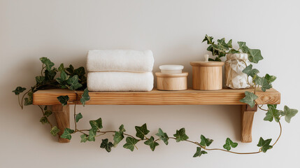 A wooden shelf neatly holding folded fabric wipes and trailing ivy decor, creating a cozy, natural, and organized interior display.