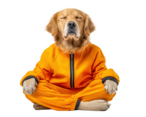 Golden retriever dog dressed in bright orange tracksuit sitting cross legged with eyes closed, expressing calmness and peaceful meditation in relaxed pose