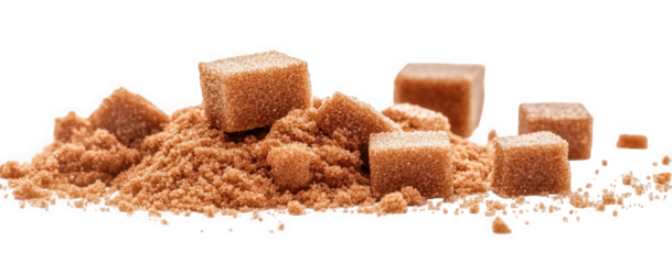 Brown sugar cubes and granulated sugar pile isolated on transparent background