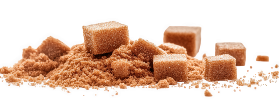 Brown sugar cubes and granulated sugar pile isolated on transparent background