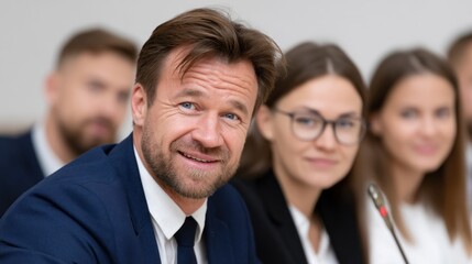 group of business professionals participates in a discussion. One man smiles while sharing ideas, surrounded by attentive colleagues in formal attire