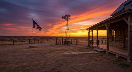 Fototapeta premium Rustic Wooden Cabin With American Flag and Windmill at Vibrant Sunset in Open Countryside