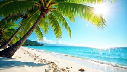Sun-drenched palms arch over white sand beach, ocean, relaxation