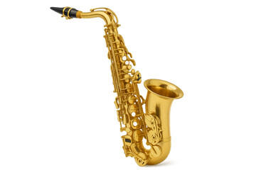 Golden alto saxophone with detailed keys and curved neck isolated on transparent background PNG for music instrument design