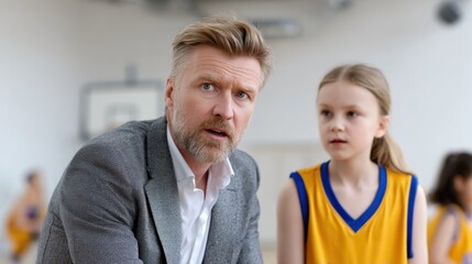 basketball coach communicates with a young player during practice in a gym. player wears a yellow sports jersey, showing focus while listening intently to the coachs guidance