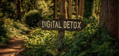 The Digital Detox Sign in a Serene Forest Path Encouraging Escape