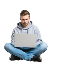  Casual Young Man Typing on Laptop, isolated on a transparent background” 
