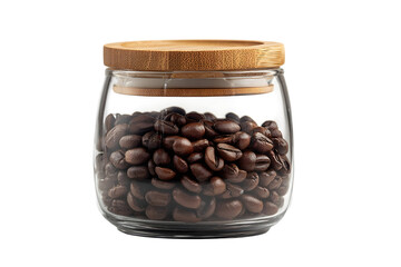 Glass jar filled with roasted coffee beans featuring a natural wood lid for freshness and storage isolated on transparent background