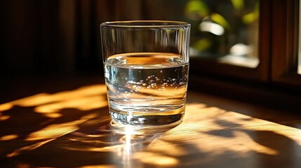 Obraz premium Clear Glass of Water with Bubbles Lit by Sunlight Indoors