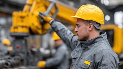 construction worker wearing a hard hat and gloves is skillfully controlling robotic machinery in a large industrial facility during the daytime. environment is busy and well-equipped