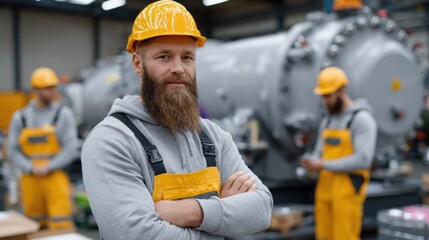 bearded worker wearing a safety helmet and orange overalls stands in an industrial facility