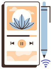Smartphone displaying meditation app with lotus design, stylus pen, and wireless connectivity icon. Ideal for mindfulness, self-care, productivity, wellness, technology meditation minimalism. A