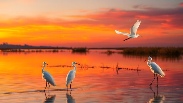 Peaceful lake with white egrets and brilliant sunset colors - Powered by Adobe
