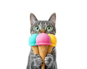 Cat ice cream cone colorful dessert animal sweet treat summer playful – cute tabby cat with bright green eyes holds three colorful scoops of ice cream cones creating fun and whimsical summer