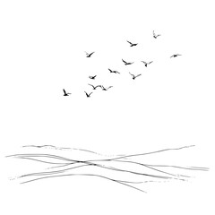 Fototapeta premium Minimalist flying birds over ocean waves vector illustration black and white drawing landscape design element art print 1