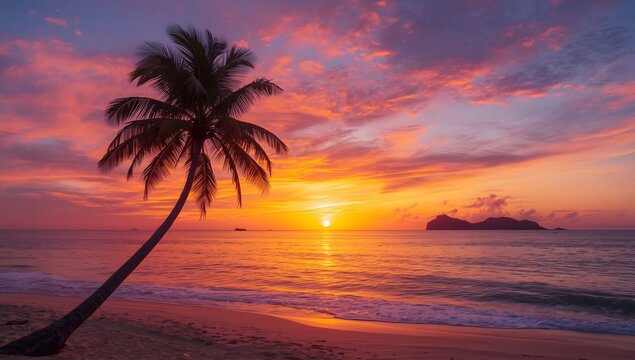 tropical island sunset palm trees ocean sea sand relaxing beach photograph calm nature scene beautiful setting sun summer vibes travel view