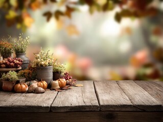Autumnal wooden table with plants and decor